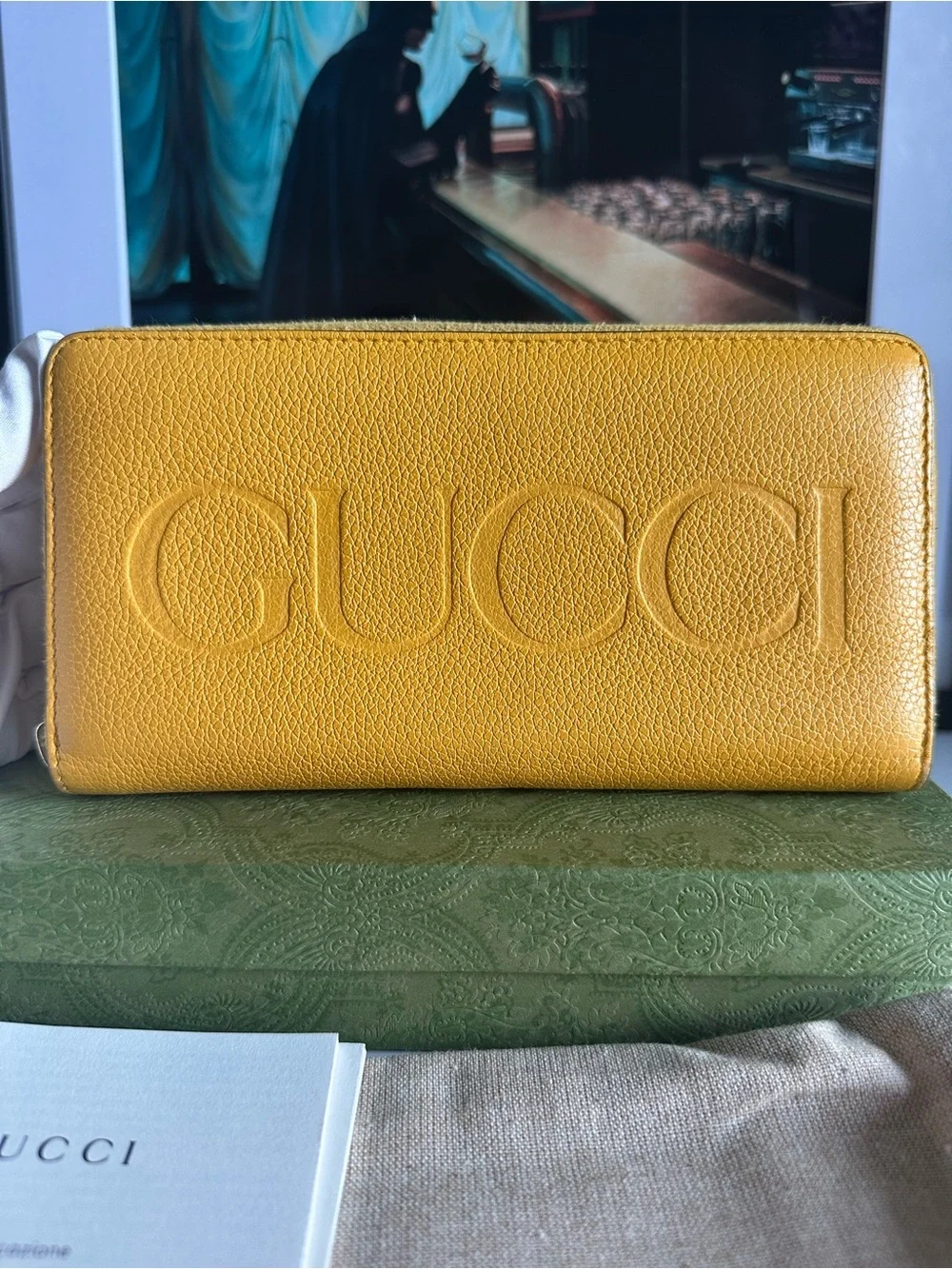 Gucci Yellow Embossed Logo Pebbled Leather Zip Around Wallet w/ Box and Dusty ⭐